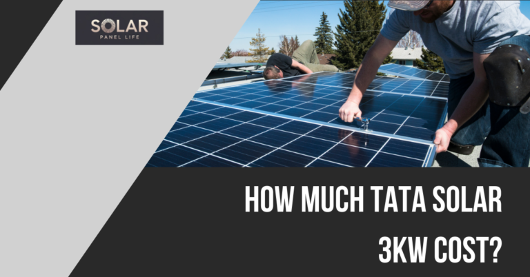 Workers installing solar panels with the text "How much Tata solar 3kW cost?" displayed on the right.