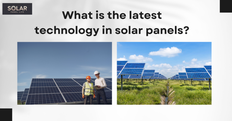 Two engineers inspecting a large field of solar panels in separate scenes under clear blue skies.