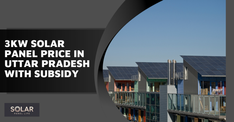 Modern buildings with rooftop solar panels, with the text "3KW Solar Panel Price in Uttar Pradesh with Subsidy."