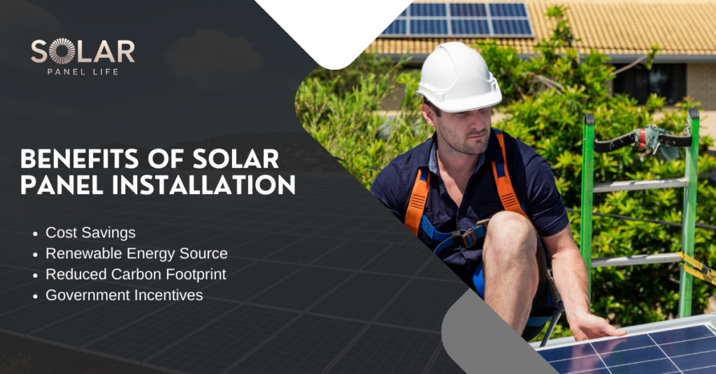 A solar panel technician wearing a white helmet and harness working on installing solar panels outdoors, with text highlighting the benefits of solar panel installation.