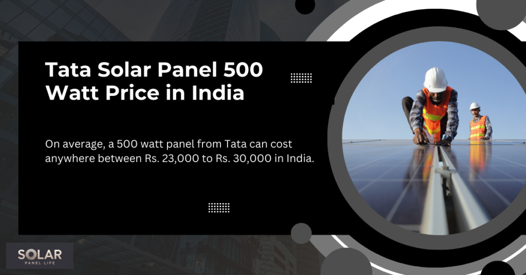 Workers installing Tata solar panels on a rooftop with a cityscape in the background.