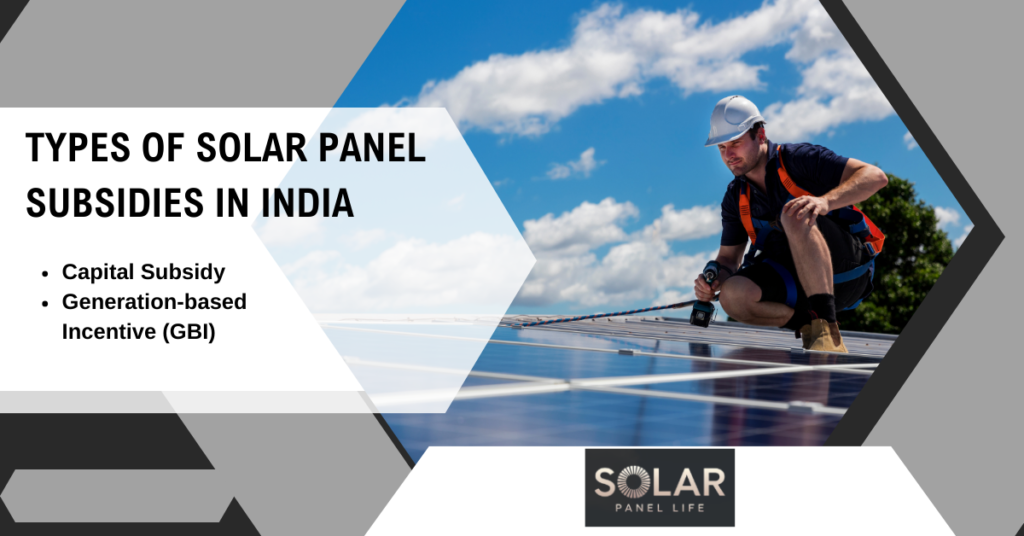 Infographic showing different types of solar panel subsidies available in India, categorized by government schemes and incentives.