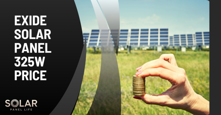 A hand holding a stack of coins with solar panels in the background, overlaid with the text "Exide Solar Panel 325W Price."