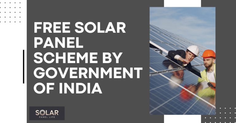 Workers inspecting solar panels with text "Free Solar Panel Scheme by Government of India" on a gray background.