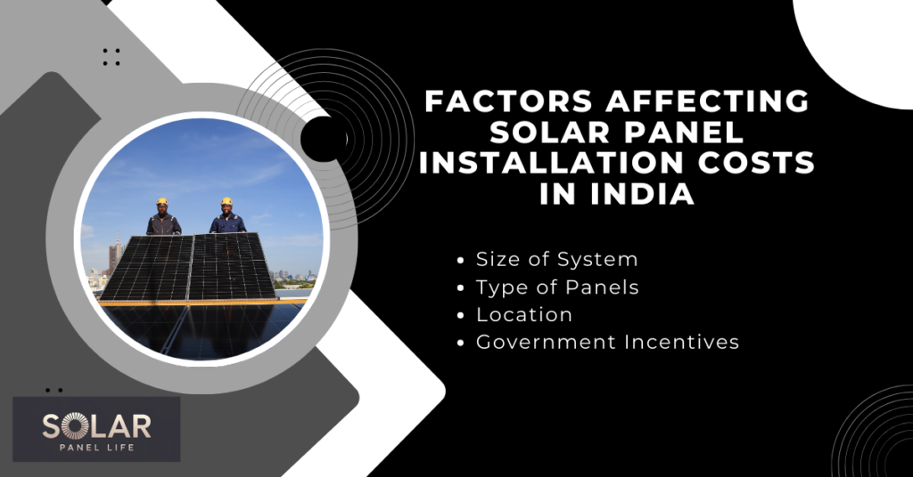 Two workers wearing safety helmets standing behind a solar panel on a rooftop with a clear blue sky in the background. The text outlines key factors affecting solar panel installation costs in India.