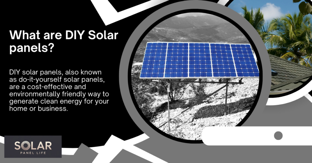 A solar panel mounted on a simple structure in a rural area surrounded by rocky terrain, with some greenery in the background. The text describes DIY solar panels and their benefits.